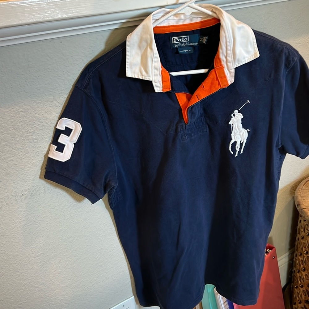 Medium- Navy Blue with White Collar Polo by Ralph Lauren